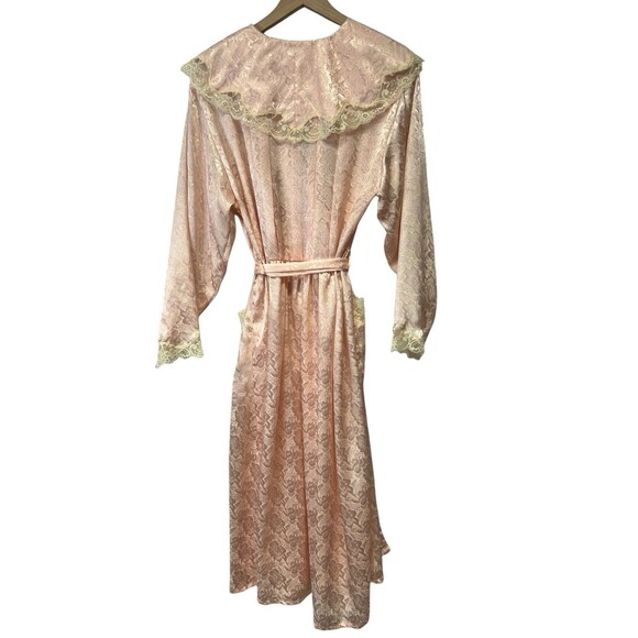 VICTORIA'S SECRET Vintage 90s Gold Label Long Satin Robe Belted Peach Lace M/L - Picture 5 of 14